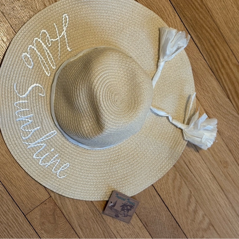 Elegant Tan Sun Hat with White Embroidery and tassels “Hello Sunshine”